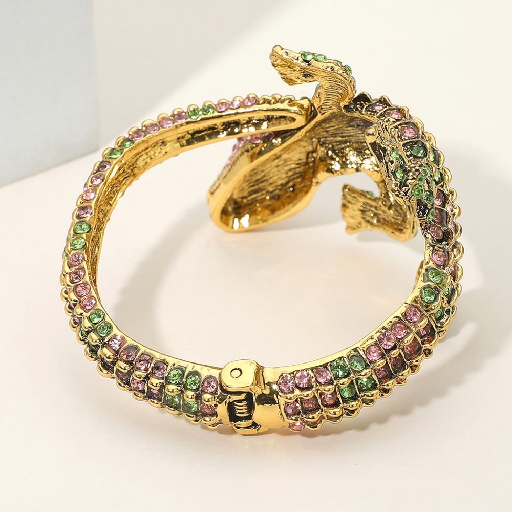 Pink & Green Rhinestone Alligator Crocodile Cuff Bracelet Statement Jewelry - Picture 2 of 3